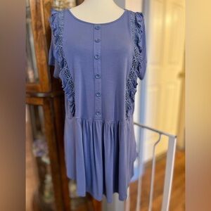 2X Women's Purple Ruffle Button-Down Top with Lace Inserts.